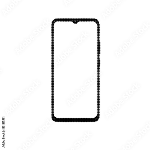 Minimalist dotted outline of a modern smartphone frame isolated on white background, suitable for tech design, mobile interface concepts and digital communication themes.