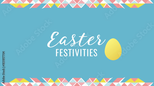 Happy easter festivities with a simple yellow egg and a geometric border on a blue background perfect for invitations and decorations