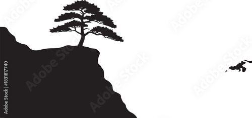 Cliff top tree with a bird silhouette against a white background