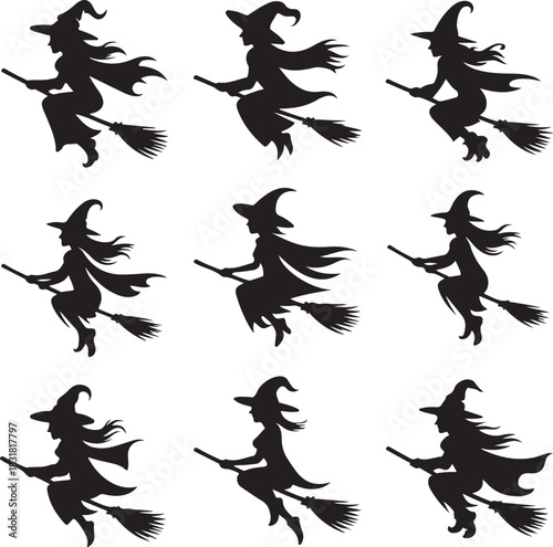 Collection of Witch Silhouettes Flying on Brooms for Halloween Decor