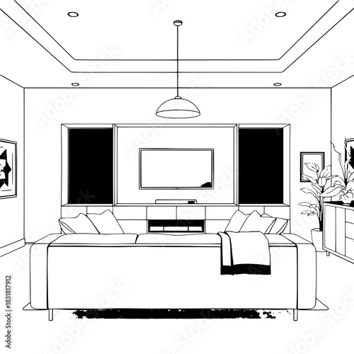 Black-and-white interior illustration showing a modern living room from the front. Large sofa with pillows and throw, centered television beneath pendant lights, framed artwork on each side, cabinet a