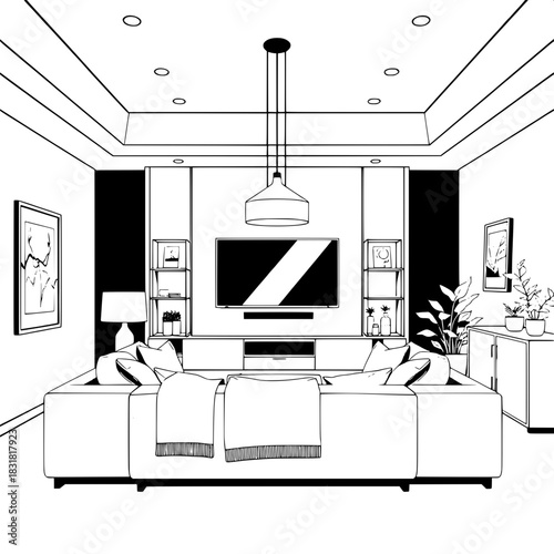 Black-and-white interior illustration showing a modern living room from the front. Large sofa with pillows and throw, centered television beneath pendant lights, framed artwork on each side, cabinet a