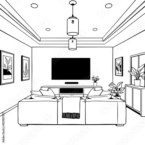 Black-and-white interior illustration showing a modern living room from the front. Large sofa with pillows and throw, centered television beneath pendant lights, framed artwork on each side, cabinet a