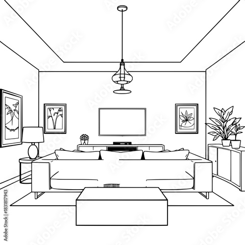 Black-and-white interior illustration showing a modern living room from the front. Large sofa with pillows and throw, centered television beneath pendant lights, framed artwork on each side, cabinet a