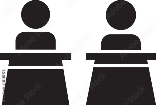 Two people at lecterns silhouette