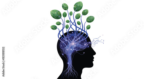 Human head silhouette with glowing brain and growing plants symbolizing ideas and growth, Generative AI.