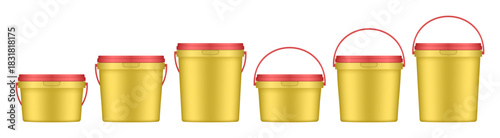 Yellow plastic buckets with red handle and lid. Vector mockup of a food or building mixtures packaging. A bucket of paint or putty. Small, medium and large sizes