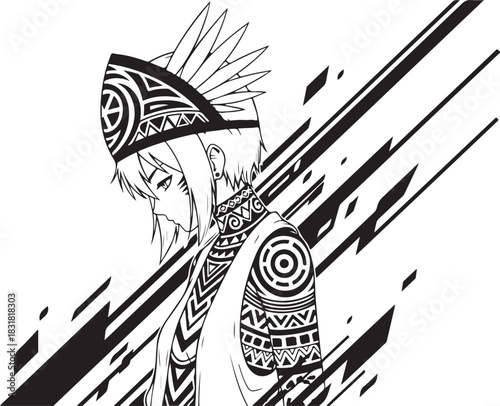 Anime girl with elaborate tribal patterns and feathered headdress in monochromatic illustration.