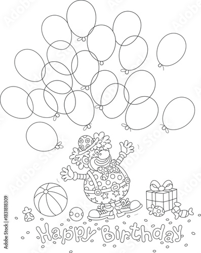 Birthday card with a funny circus clown, holiday gifts and flying colorful balloons, black and white vector cartoon illustration for a coloring book