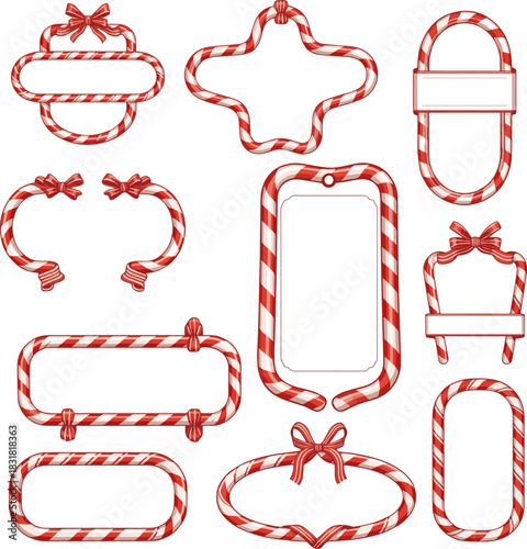 isolated a kinds of different Set of decorative vector candy cane red and white striped blank frames, christmas name tag or card template vector art with white background..