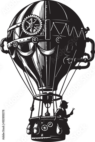 Steampunk Hot Air Balloon Black and White Vector Illustration Graphic Art