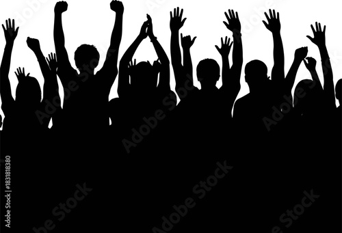 Isolated a kinds of different silhouette of a cheering crowd with hands in the air - concert, festival, sport fans vector art with white background..