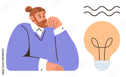 Man resting chin on hand in deep thought, lightbulb representing idea, wavy lines for creativity. Ideal for innovation, creativity, problem-solving, brainstorming, inspiration, intellectual