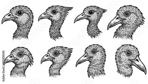 Detailed black and white bird heads in profile - eight unique perspectives