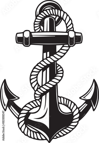 Vintage nautical anchor with rope in black and white design