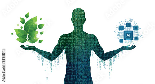 Human silhouette balancing nature and artificial intelligence, Generative AI.