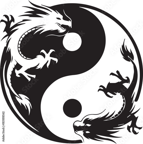 Yin Yang Symbol with Dragons in Black and White Design