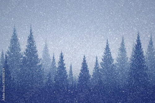 Snowy Forest Silhouette under Winter Night Sky with Falling Snowflakes.