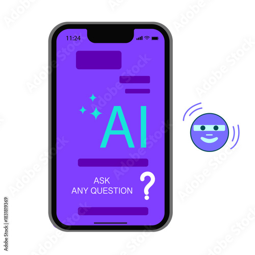 Chat bot robot speech internet. AI service mobile isolated app. Ask question to AI. Artificial intelligence assistance. Digital conversation. Vector