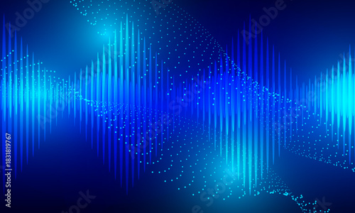 blue dot lines particle with wave lines frequency cyberspace with neon light abstract background