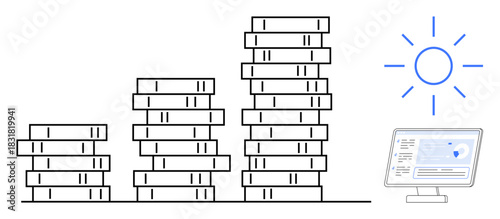 Stacks of coins increasing in size, a glowing sun, and a computer screen. Ideal for finance, savings, investments, economic growth, wealth management success digital tools metaphor. A simple flat