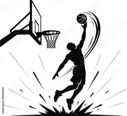 vector silhouette of a male basketball player slam dunk, scoring the ball to the net, transparent background	