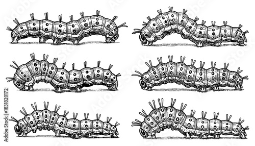 Detailed vintage caterpillar collection in hand-drawn style