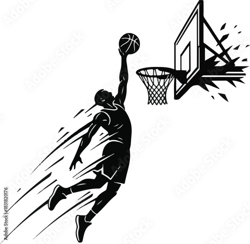 vector silhouette of a male basketball player slam dunk, scoring the ball to the net, transparent background	