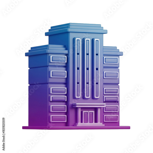 gradient blue to purple modern building icon with layered wings and central facade