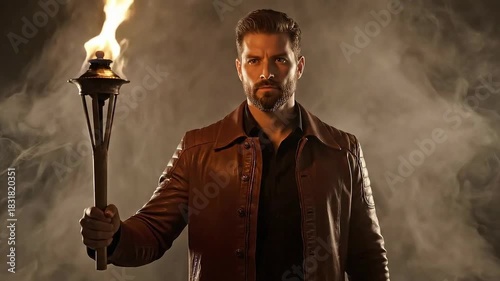 Wallpaper Mural Man Holding Torch in Smoky Dramatic Lighting. Torontodigital.ca