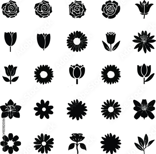 set of various types of black flower in white background