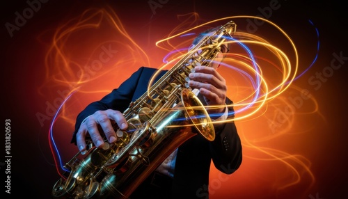 Golden brass tenor saxophone being played by a musician in a dark suit, captured with long exposure to create swirling trails of light on a dramatic red background