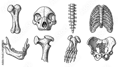 Hand drawn anatomical bones and skulls: detailed vintage set for medical and educational use