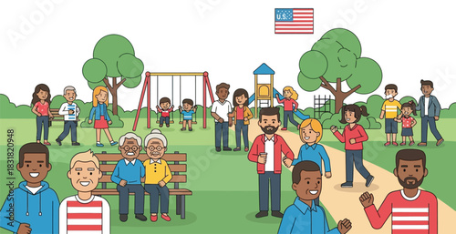 Diverse community gathers in a vibrant park with american flag waving above