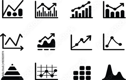 Growth Charts, Data Visualization, and Analytics Glyph Icons Set: Featuring Bar Graph, Line Chart, Pyramid, Area Plot, and Financial Data Vector Illustration