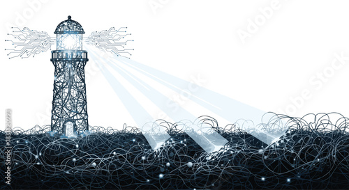 Lighthouse beam cutting through stormy seas guiding ships safely home, Generative AI.