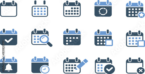 Calendar, Date, and Time Duotone Icons Set: Featuring Schedule, Appointment, Reminder, Planning, Search, and Event Checkmark Vector Illustration