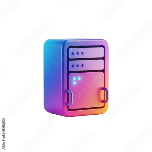 A colorful 3D rendering of a server cabinet, representing data storage and technology.