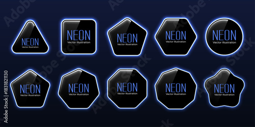Blue Glowing Neon Geometric Shapes Set – Realistic Glossy Circle, Triangle, Square, Pentagon, Hexagon, Heptagon, Octagon, Nonagon, and Decagon Frames for Modern UI, Web, Banner, and Digital Design