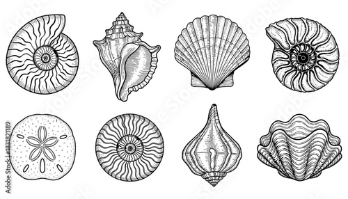 Intricate hand drawn seashell collection for marine and nautical decor