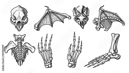 Intricate hand drawn animal skeletons and skulls in monochrome