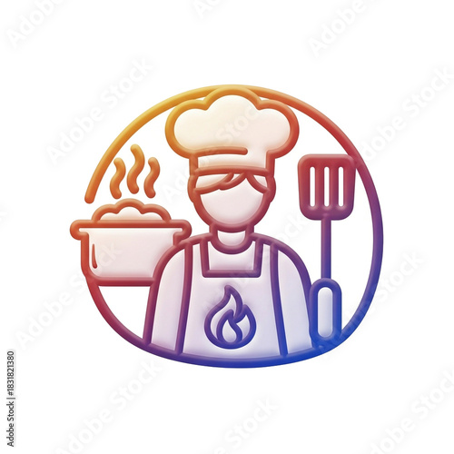 A colorful illustration of a chef inside a circle, holding a spatula, with a pot of food.