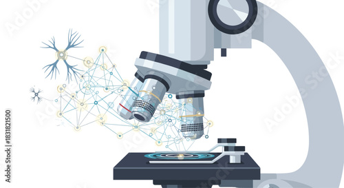Microscope examining a neuron and network structure, Generative AI.