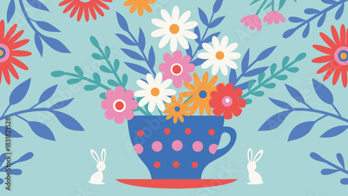 A charming and whimsical illustration featuring a vibrant bouquet of colorful flowers in a polka dot teacup accompanied by two adorable white bunnies against a soft blue background