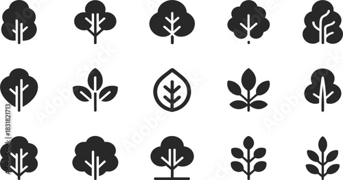 Trees, Leaves, and Nature Glyph Icons Set: Featuring Various Foliage Shapes, Single Leaf, Plant Branches, and Forest Ecosystem Vector Illustration