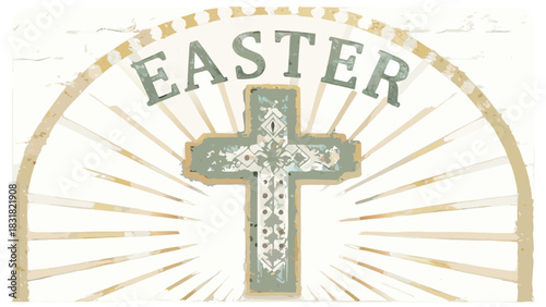 Vintage easter cross with rays of light and distressed texture celebrating the resurrection and spring holiday