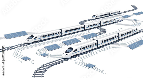 Modern highspeed trains on tracks with solar panels, Generative AI.
