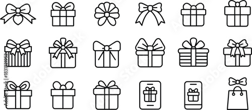 Gift Boxes, Ribbons, and Presents Line Icons Set: Featuring Wrapped Gifts, Shopping Bags, Bows, and Online Mobile Ordering Vector Illustration