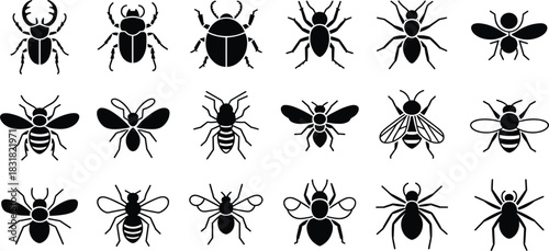 Insects, Bugs, and Arthropods Glyph Icons Set: Featuring Beetle, Spider, Ant, Bee, Fly, Wasp, and Ladybug Animal Vector Illustration