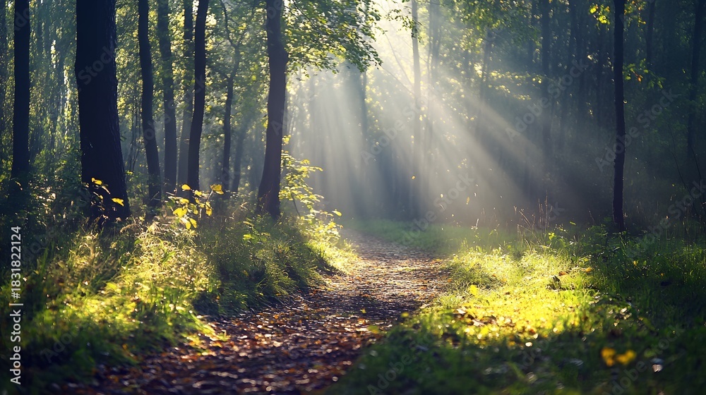 Obraz premium A sunlit path winds through a misty forest, dappled sunlight illuminating the woodland floor.